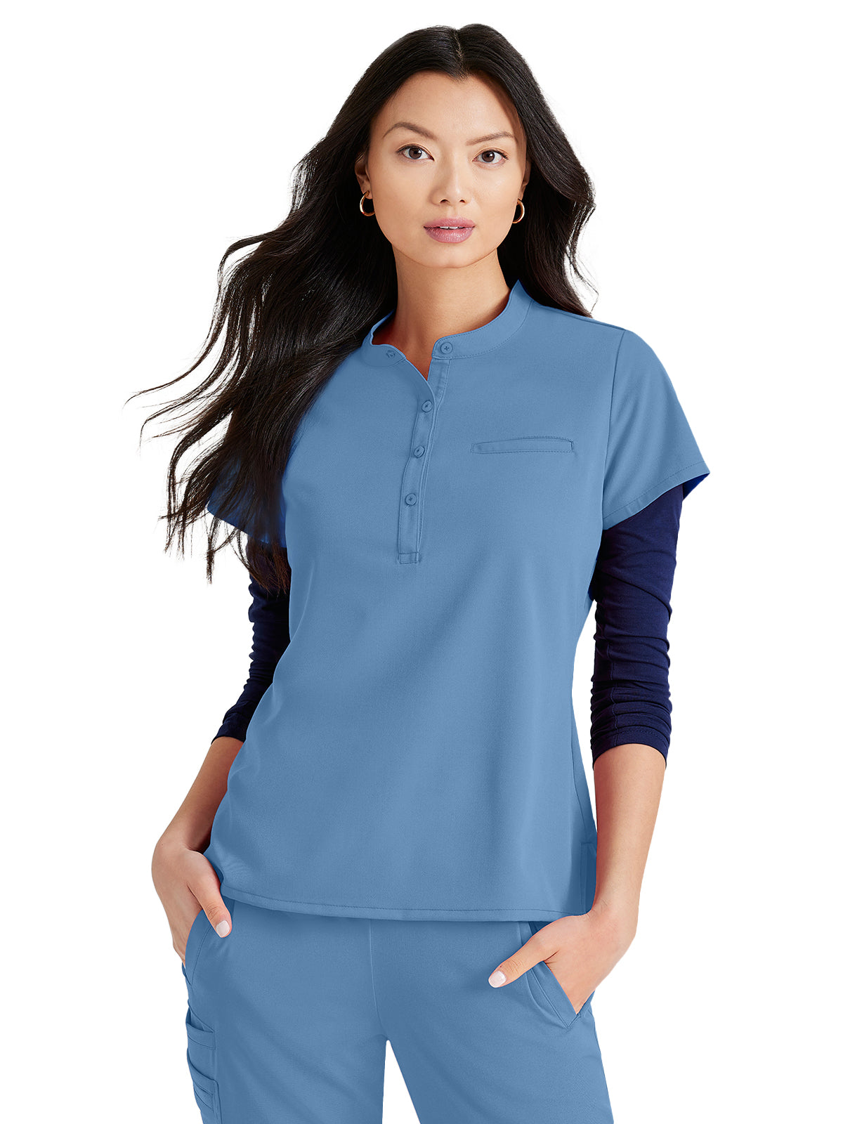 Women's Henley Style Scrub Top - BUT163 - Ciel Blue