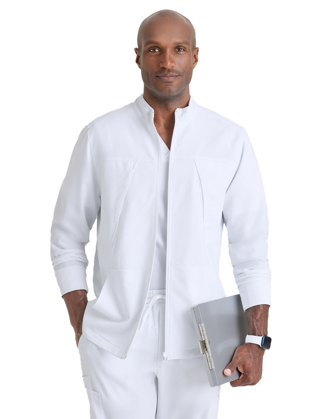 Men's Rib Trimmed Mock Neck Scrub Jacket - BUW881 - White