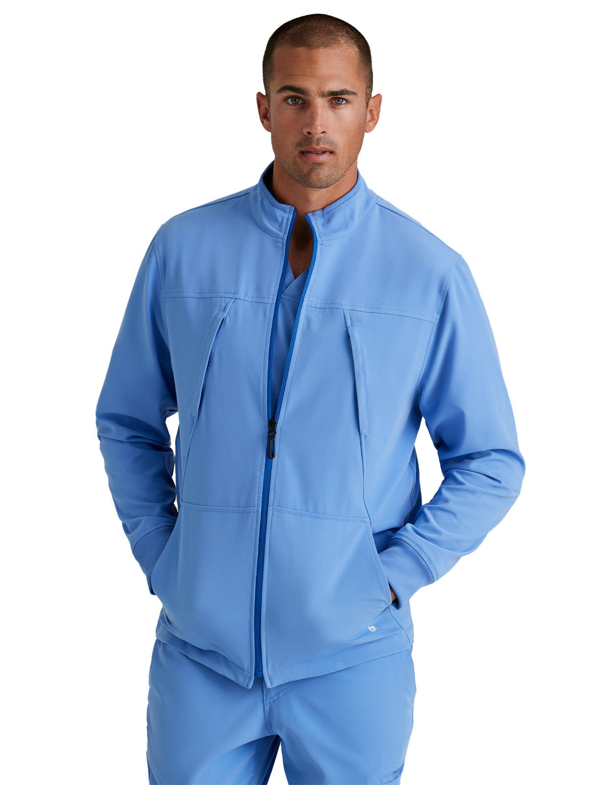 Men's Rib Trimmed Mock Neck Scrub Jacket - BUW881 - Ciel Blue