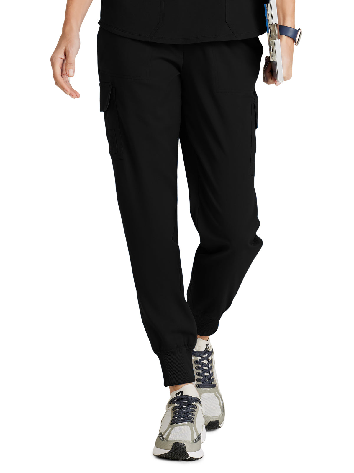 Women's Amelia 5-Pocket Two-Tone Mid-Rise Jogger Scrub Pant - GRSP639 - Black