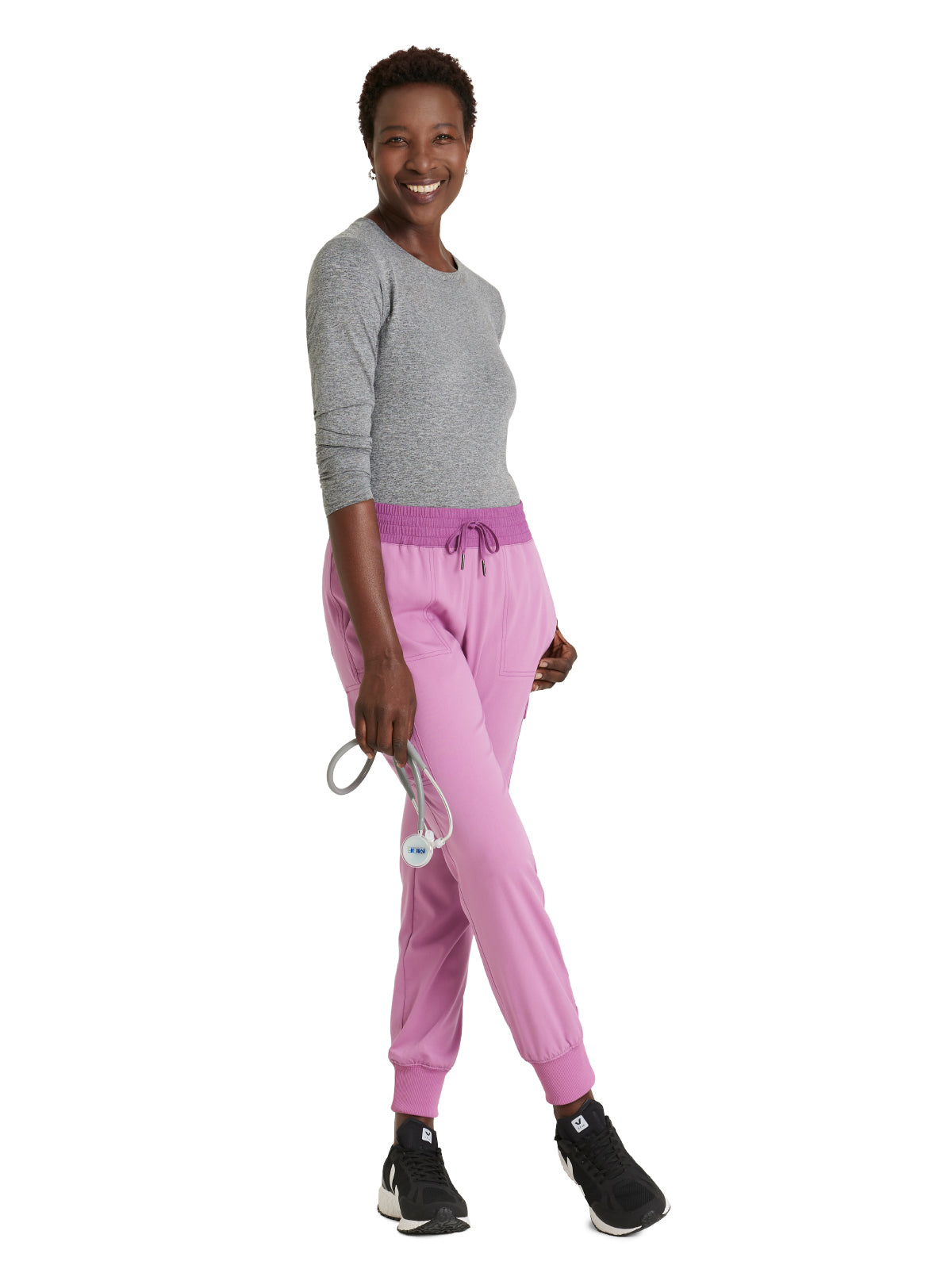 Women's Amelia 5-Pocket Two-Tone Mid-Rise Jogger Scrub Pant - GRSP639 - Pink Topaz