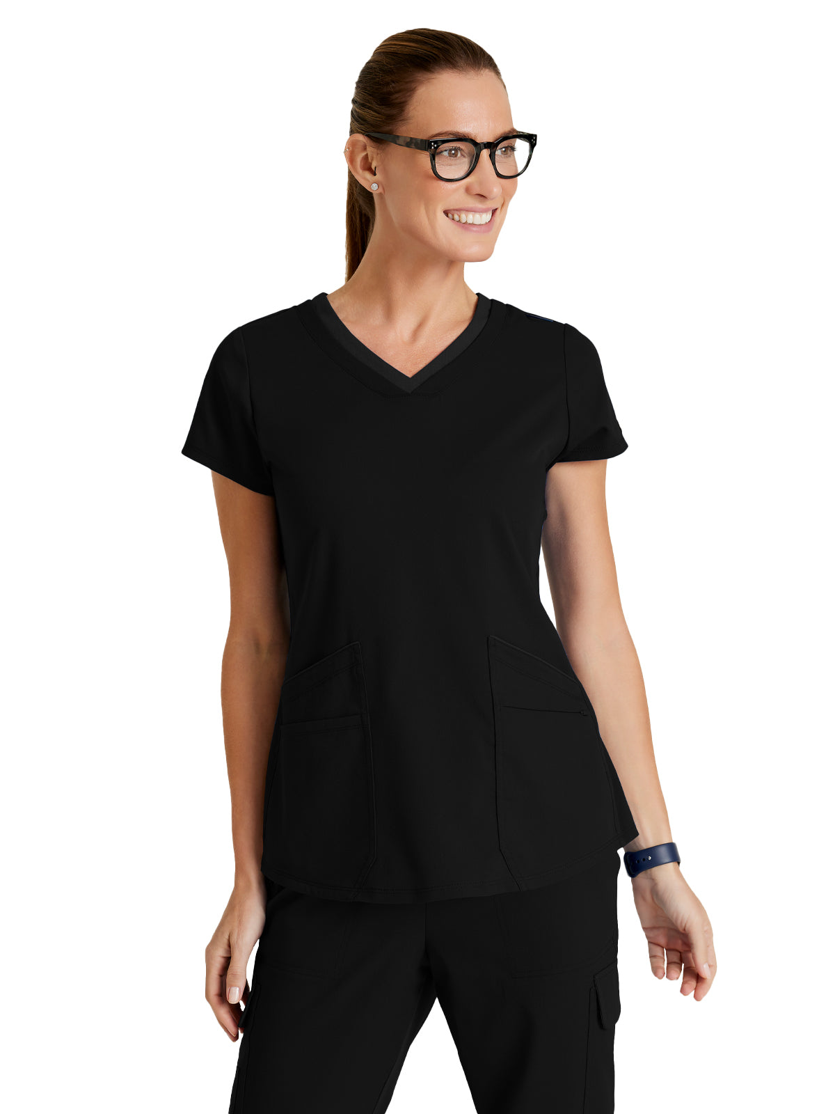 Women's Meredith 4-Pocket Two-Tone V-Neck Scrub Top - GRST194 - Black