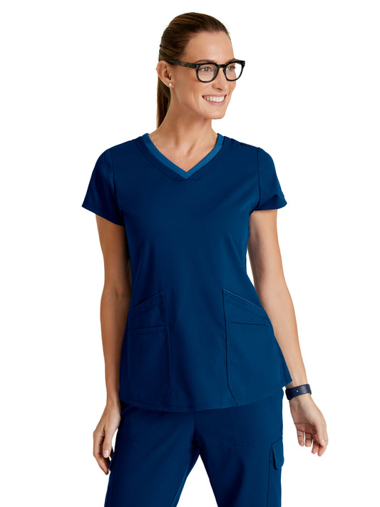 Women's Meredith 4-Pocket Two-Tone V-Neck Scrub Top - GRST194 - Indigo