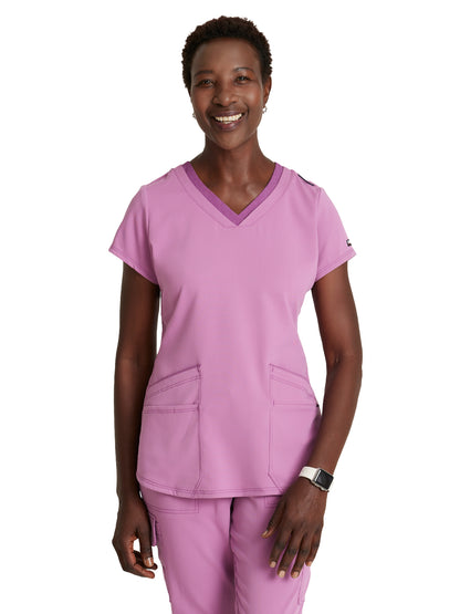 Women's Meredith 4-Pocket Two-Tone V-Neck Scrub Top - GRST194 - Pink Topaz