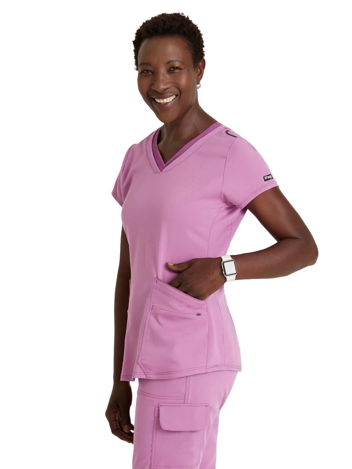 Women's Meredith 4-Pocket Two-Tone V-Neck Scrub Top - GRST194 - Pink Topaz