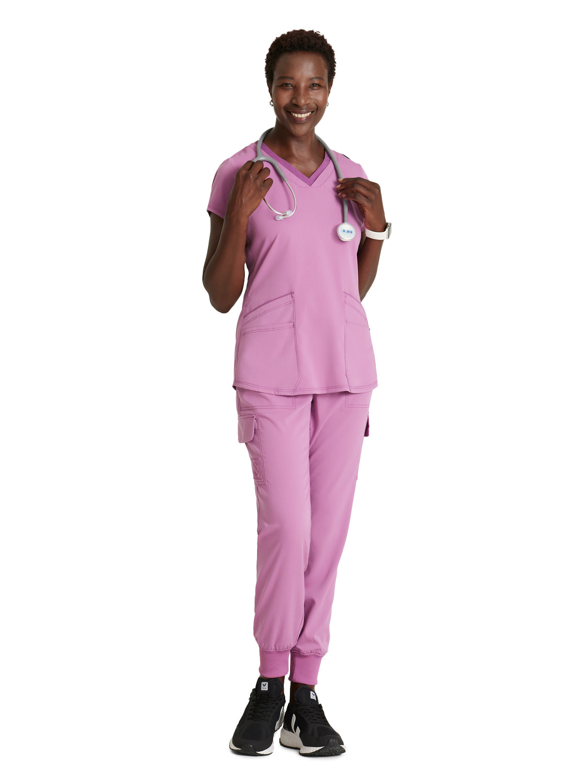 Women's Meredith 4-Pocket Two-Tone V-Neck Scrub Top - GRST194 - Pink Topaz