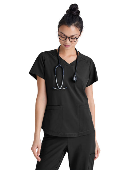 Women's Two-Pocket Piped V-Neck Rhythm Scrub Top - GSST180 - Black