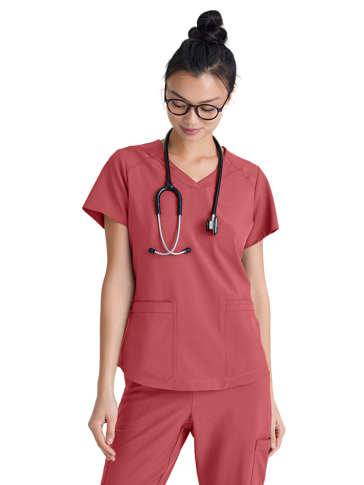 Women's Two-Pocket Piped V-Neck Rhythm Scrub Top - GSST180 - Desert Rouge