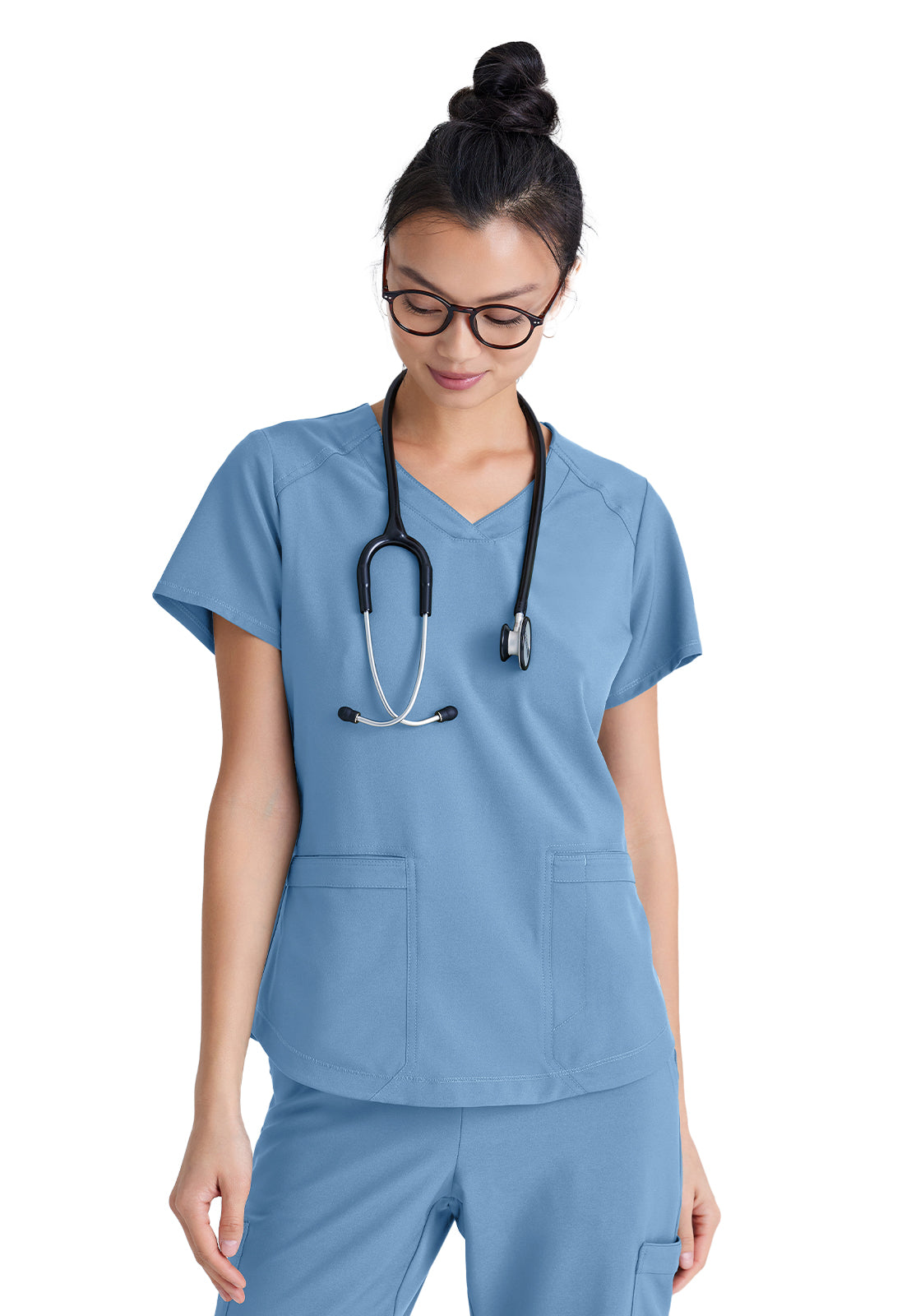 Women's Two-Pocket Piped V-Neck Rhythm Scrub Top - GSST180 - Ciel Blue