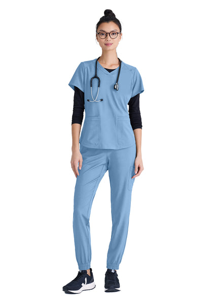 Women's Two-Pocket Piped V-Neck Rhythm Scrub Top - GSST180 - Ciel Blue