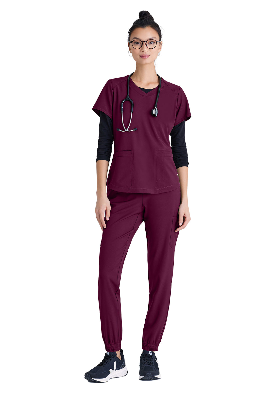 Women's Two-Pocket Piped V-Neck Rhythm Scrub Top - GSST180 - Wine