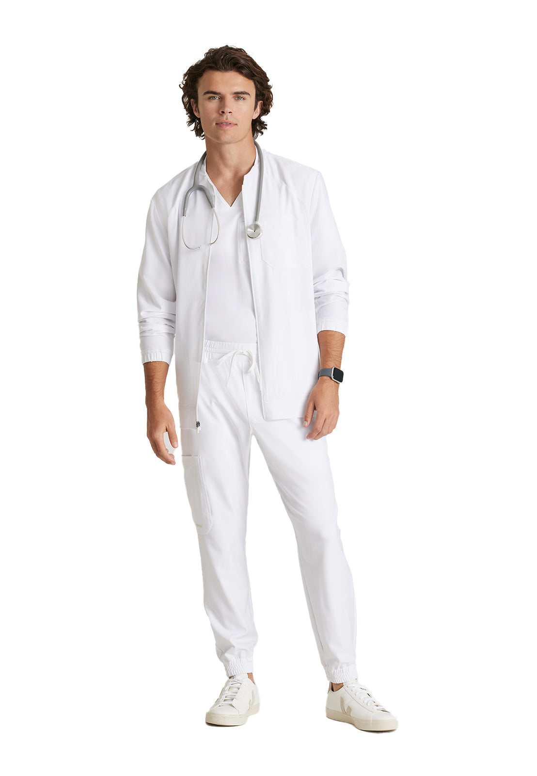 Men's Three-Pocket Banded Collar Cycle Scrub Jacket - GSSW887 - White
