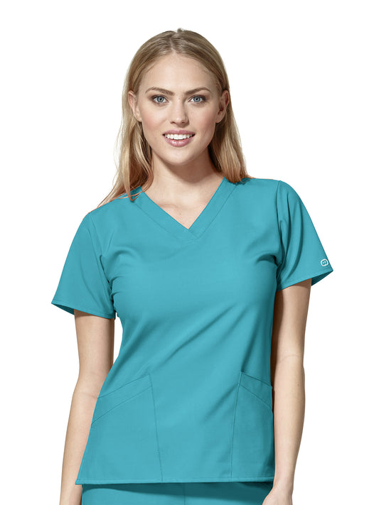 Women's Two-Pocket Basic V-Neck Top - 6255 - Teal