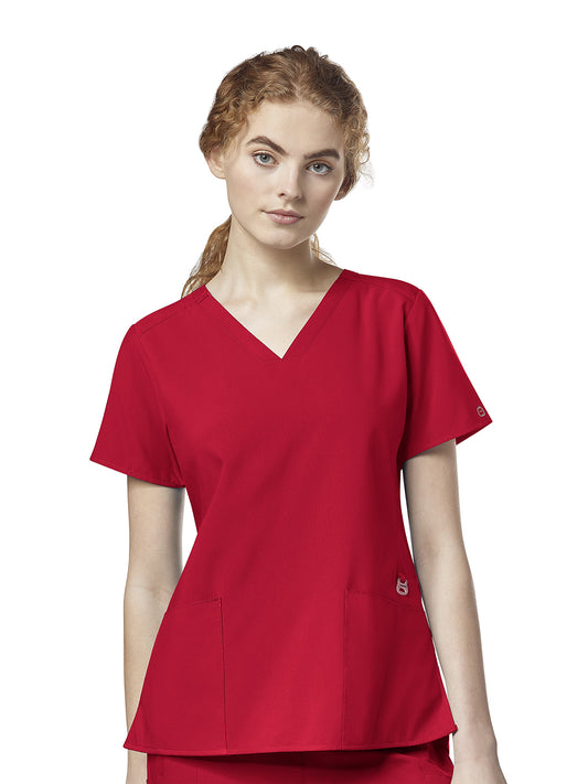 Women's Four-Pocket Flex-Back Stylized V-Neck Top - 6555 - Red