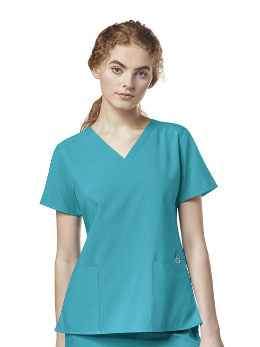 Women's Four-Pocket Flex-Back Stylized V-Neck Top - 6555 - Teal