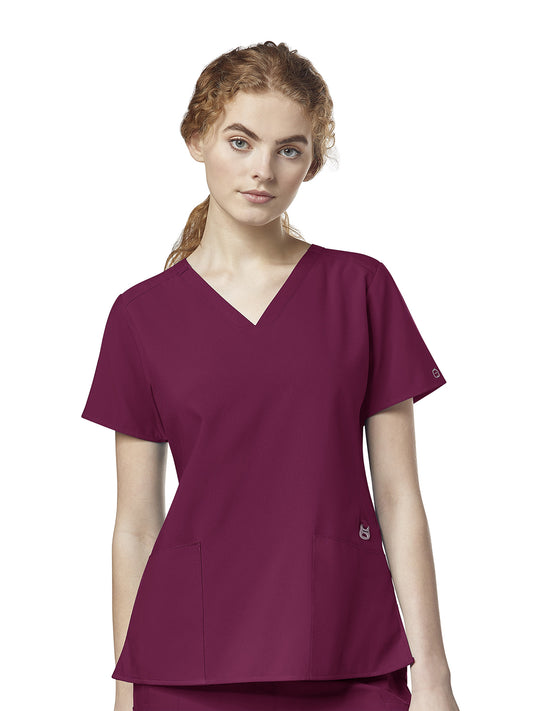 Women's Four-Pocket Flex-Back Stylized V-Neck Top - 6555 - Wine