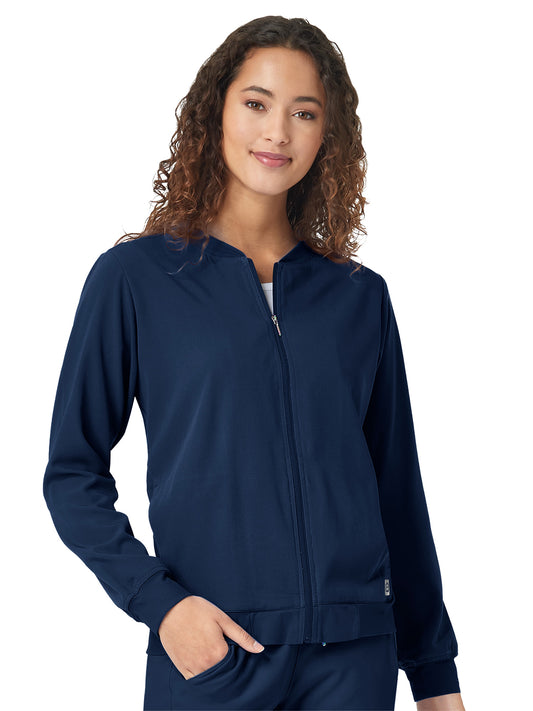 Women's Four-Pocket Soft Rib Knit Crew Neckline Scrub Jacket - 8129 - Navy