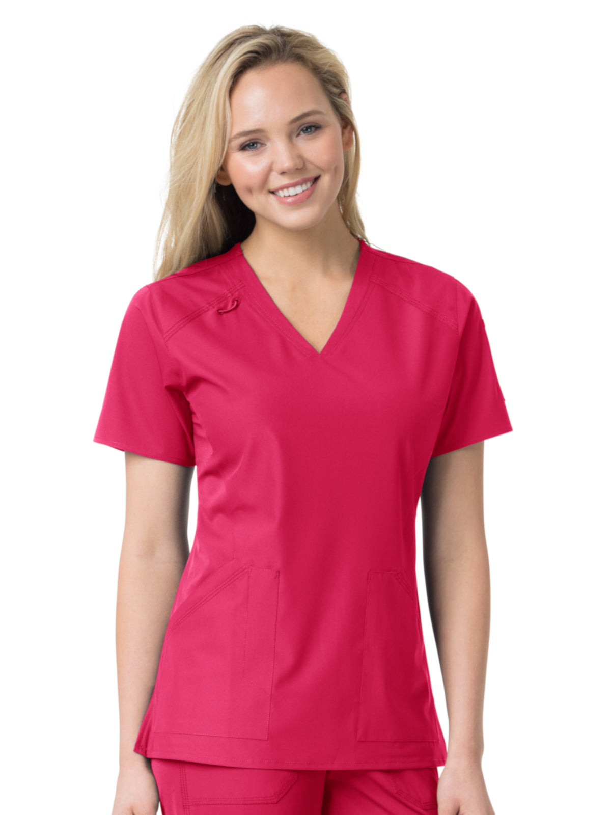 Women's Six-Pocket Modern Fit Twill V-Neck Top - C12106 - Bright Rose