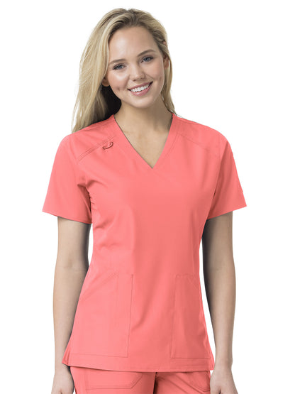 Women's Six-Pocket Modern Fit Twill V-Neck Top - C12106 - Peach Pink