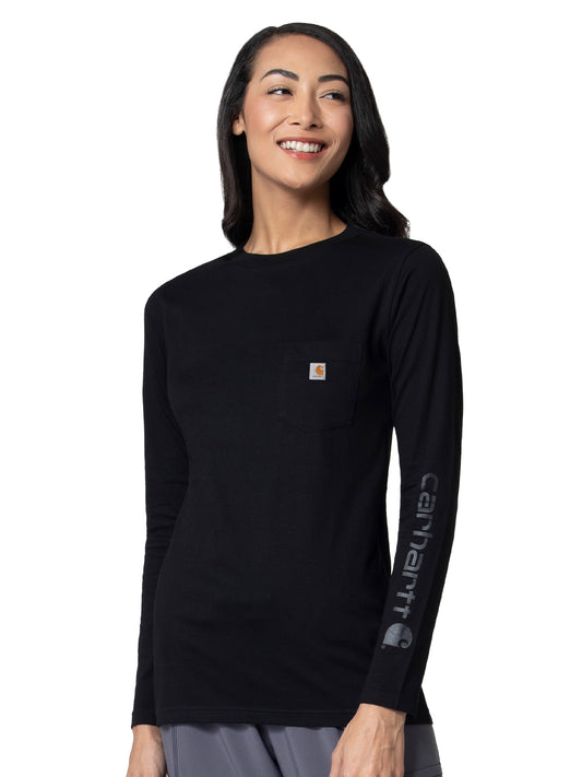 Women's Modern Fit Long Sleeve Chest Pocket Underscrub Tee - C37305 - Black