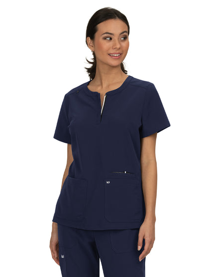 Women's 3-Pocket Zipper-Neck Back in Action Scrub Top - 1009 - Navy