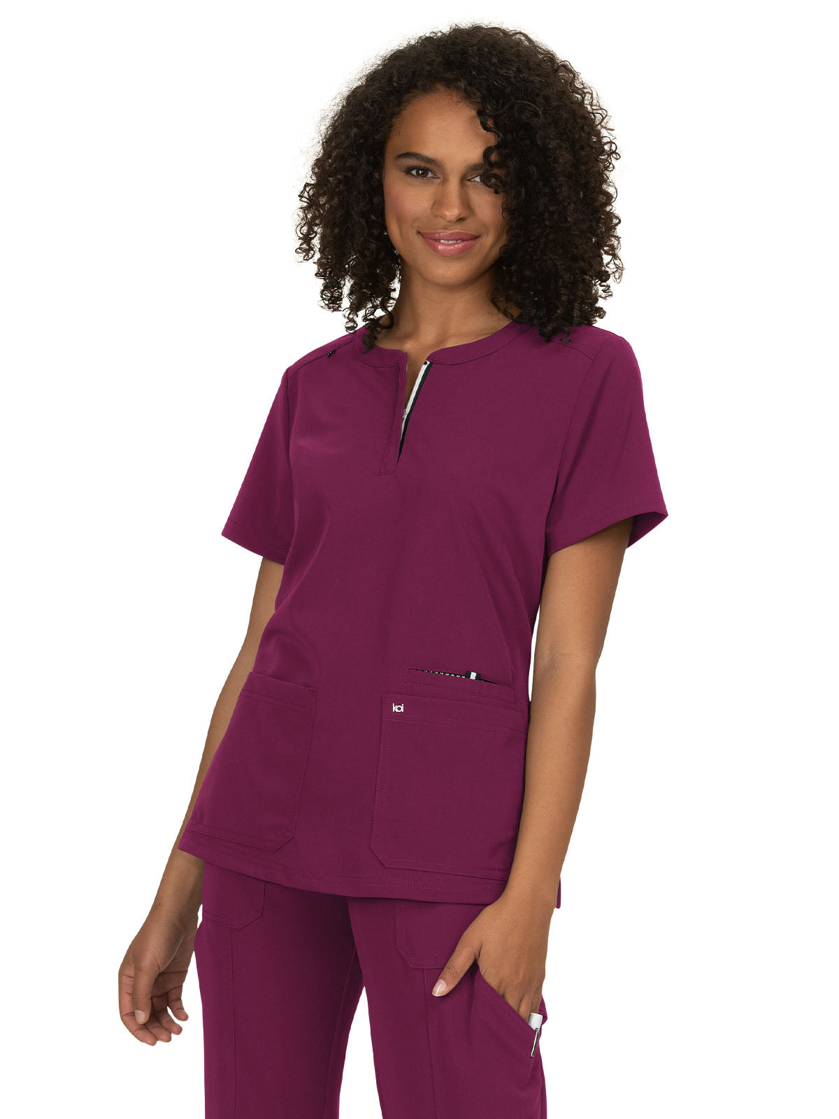 Women's 3-Pocket Zipper-Neck Back in Action Scrub Top - 1009 - Wine