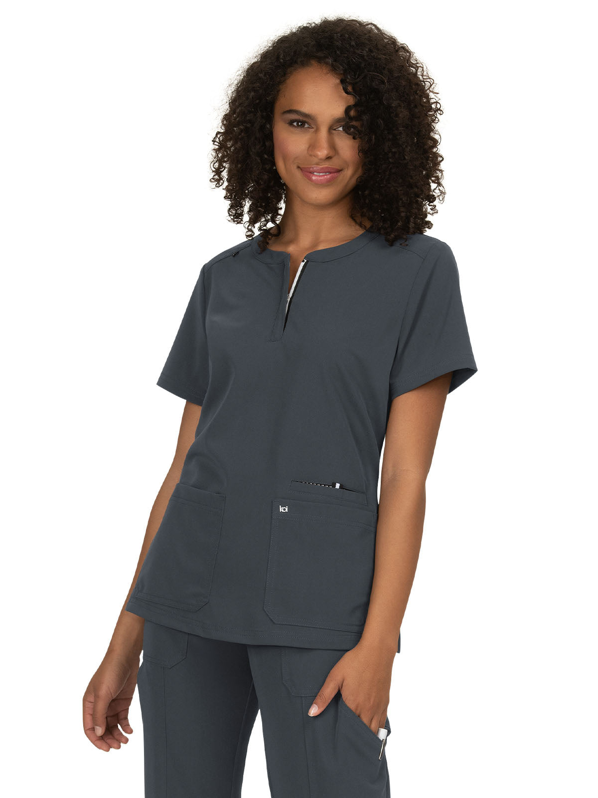 Women's 3-Pocket Zipper-Neck Back in Action Scrub Top - 1009 - Charcoal