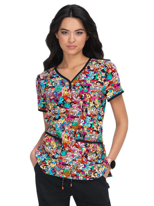 Women's 2-Pocket Henley Neckline Print Eve Scrub Top - 1017TKD - Stay Groovy