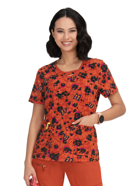 Women's 2-Pocket Keyhole Neckline Print Lola Scrub Top - 1027PR - Leopard Butterfly