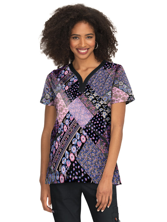 Women's 4-Pocket Heart-Shaped Neck Print Luisa Scrub Top - 1055PR - Meadow Patchwork