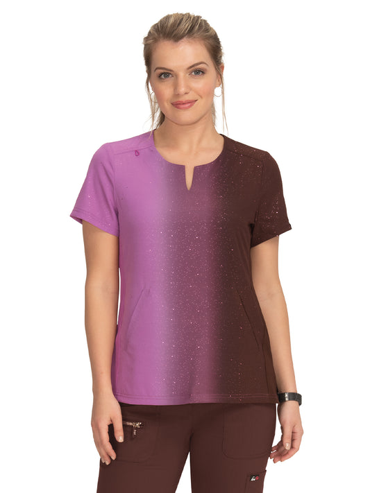 Women's 2-Pocket Ombre Split-Neck Balance Scrub Top - 1056PR - Vertical Sparkle Brown Taupe