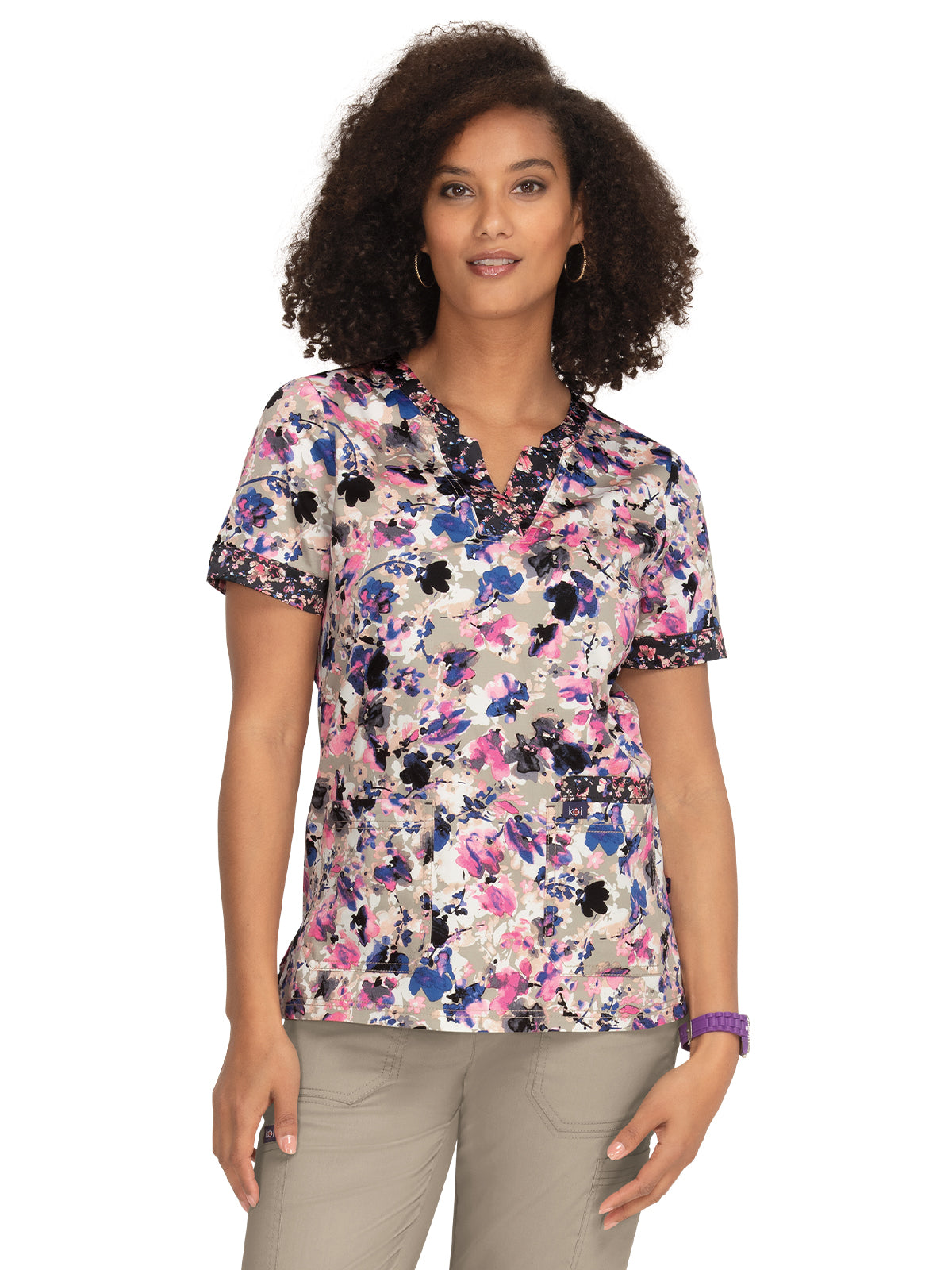 Women's 3-Pocket Split-Neck Print Elena Scrub Top - 1070PR - Watercolor Petals