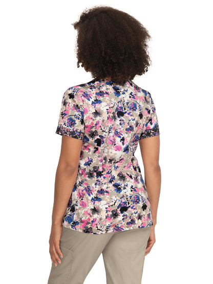 Women's 3-Pocket Split-Neck Print Elena Scrub Top - 1070PR - Watercolor Petals