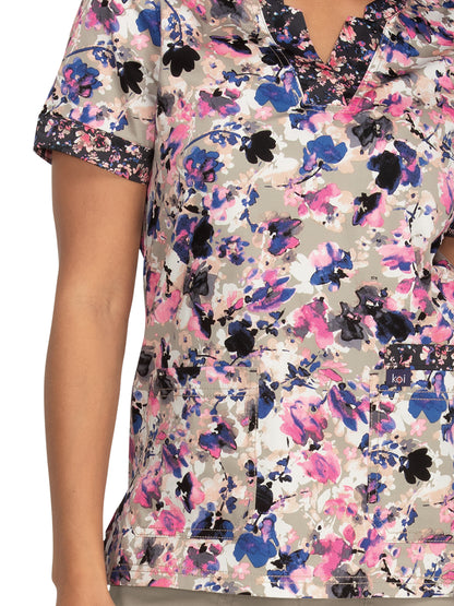 Women's 3-Pocket Split-Neck Print Elena Scrub Top - 1070PR - Watercolor Petals