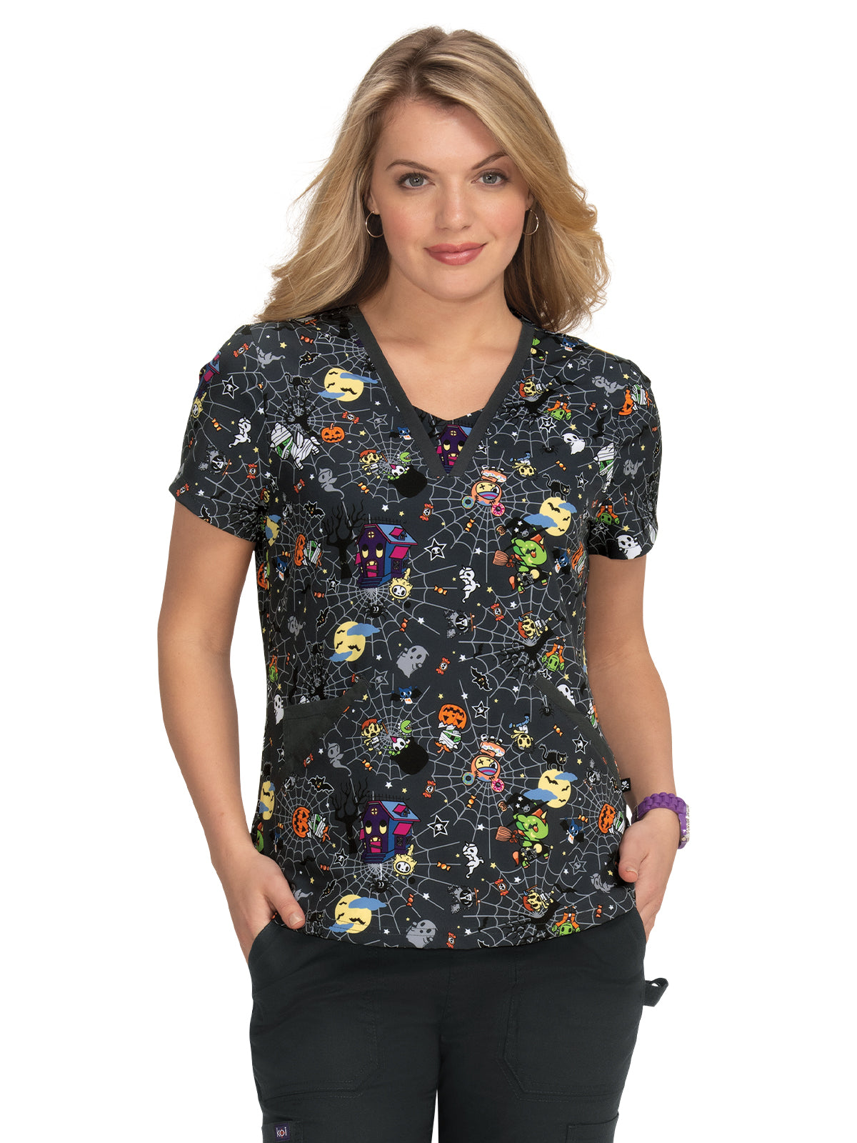 Women's 3-Pocket Double V-Neck Print Scrub Top - 1072TKD - After Dark