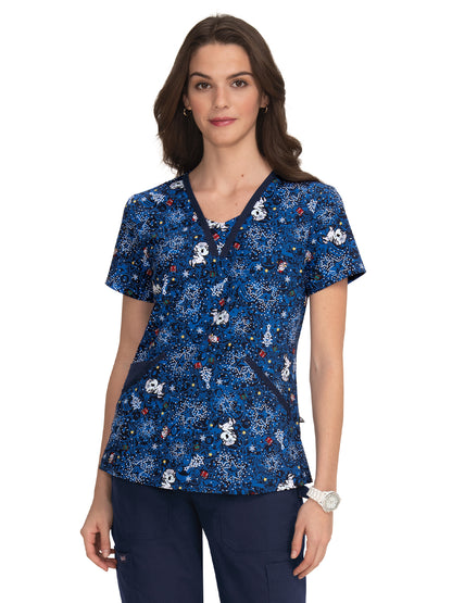 Women's 3-Pocket Double V-Neck Print Scrub Top - 1072TKD - Sparkling Holiday