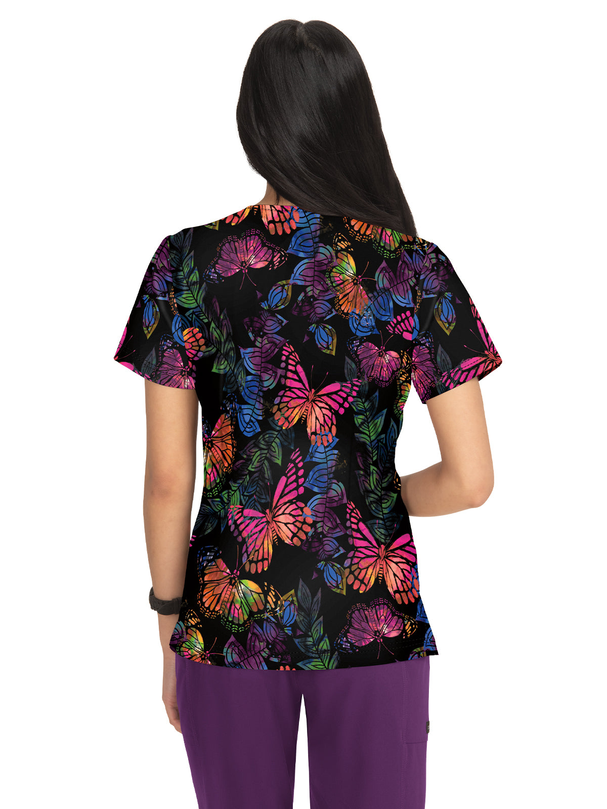 Women's V-Neck Scrub Top - 1075PR - Dancing Butterflies