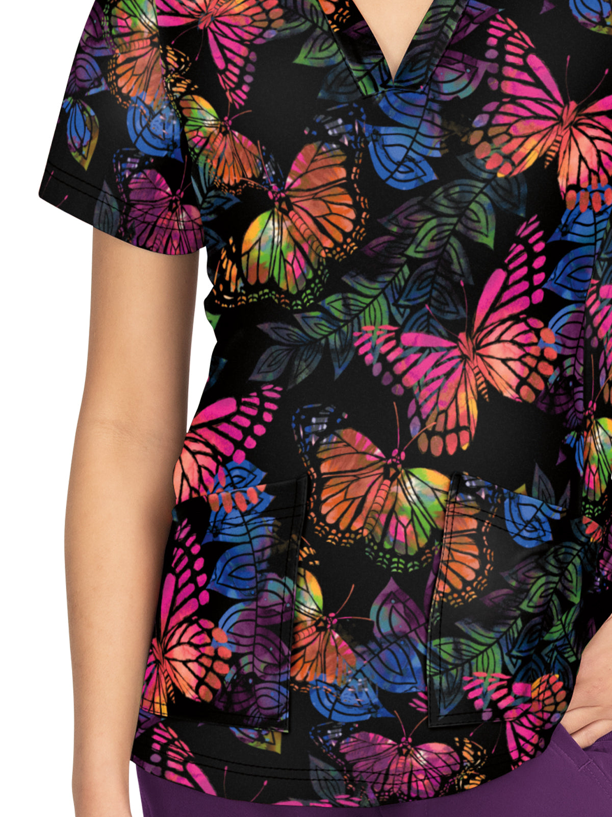 Women's V-Neck Scrub Top - 1075PR - Dancing Butterflies