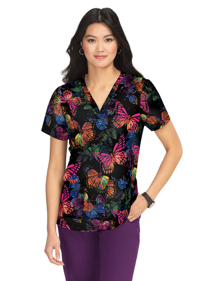 Women's V-Neck Scrub Top - 1075PR - Dancing Butterflies