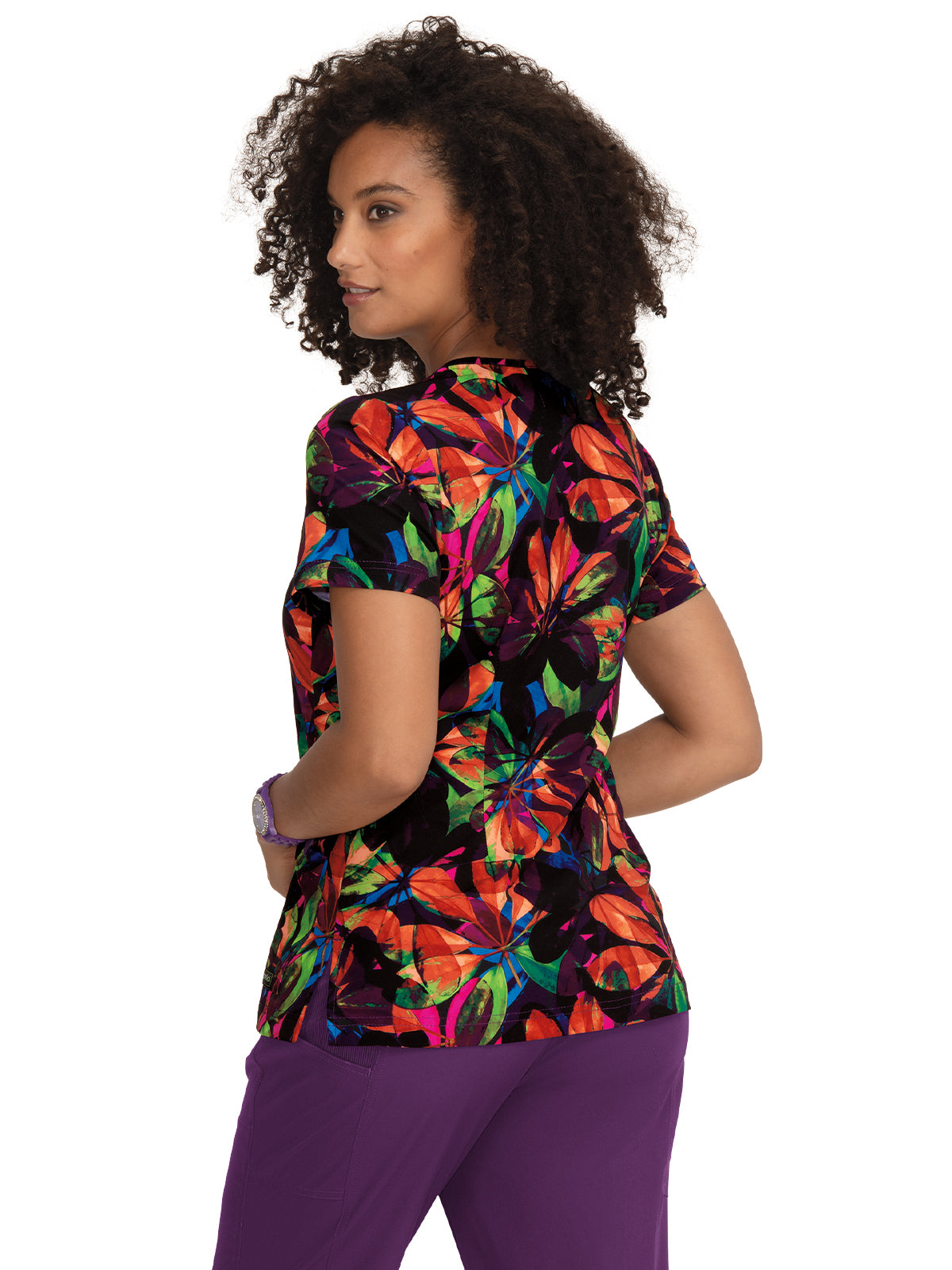 Women's V-Neck Scrub Top - 1075PR - Fallen Leaves