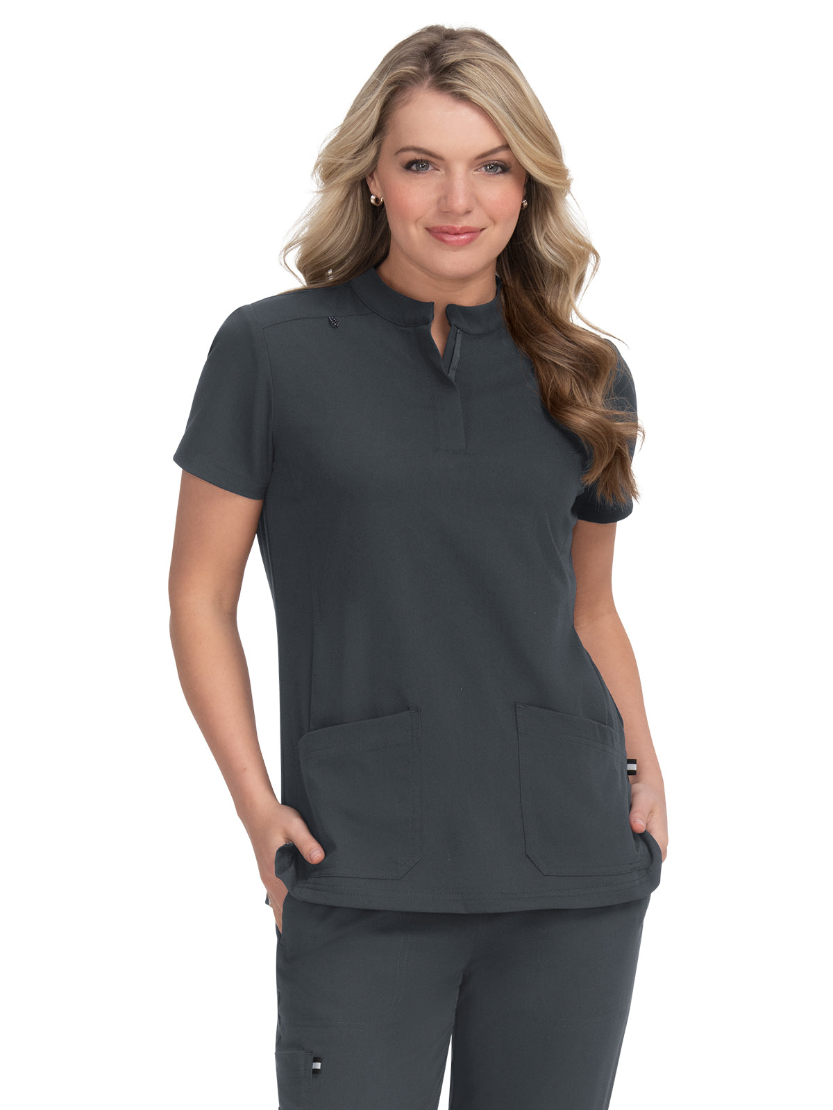 Women's 4-Pocket Zipper-Neck Mandarin Collar Driven Scrub Top - 1081 - Charcoal