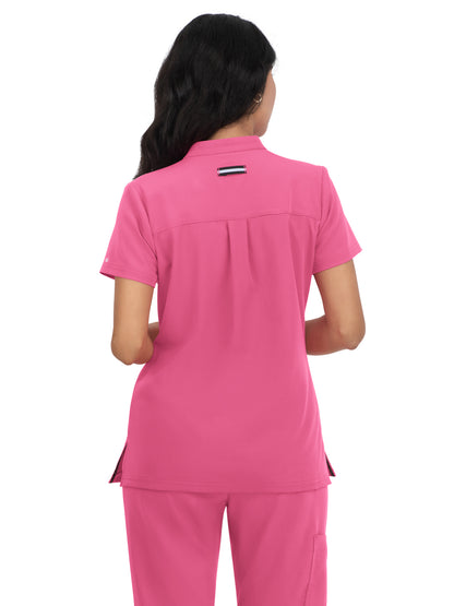 Women's 4-Pocket Zipper-Neck Mandarin Collar Driven Scrub Top - 1081 - Geranium