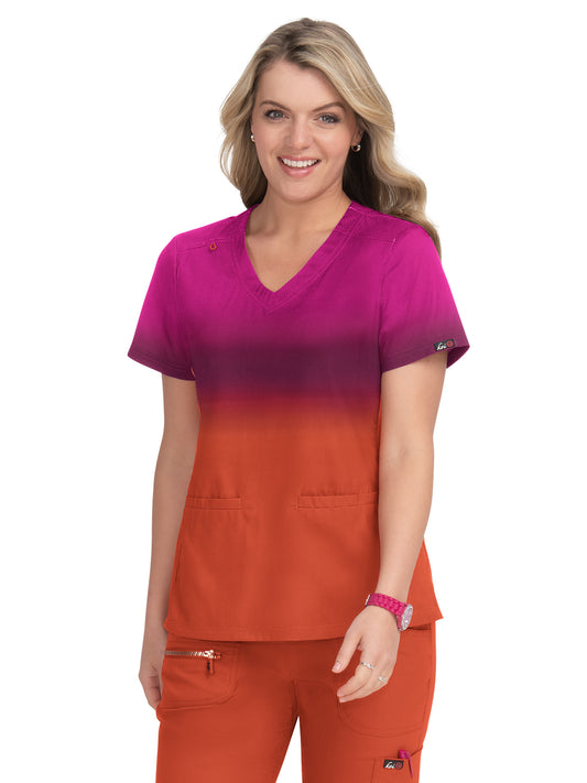 Women's 2-Pocket V-Neck Ombre Print Reclaim Scrub Top - 1088PLM - Azalea Pink/Wine/Terracotta Ombre