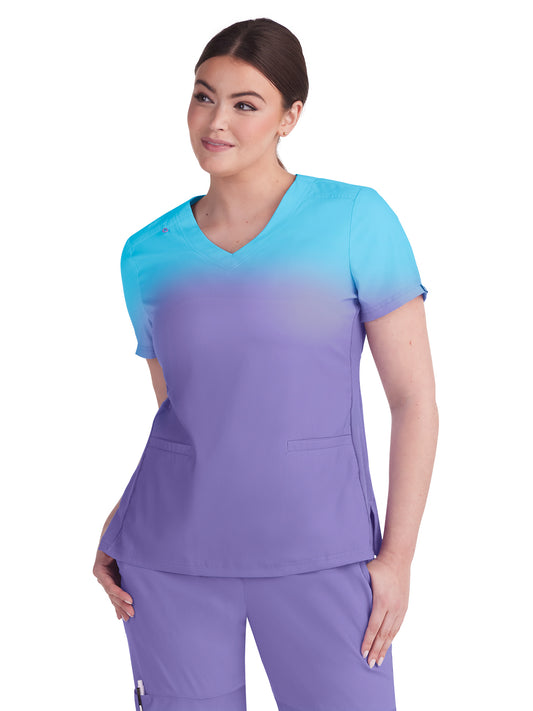 Women's 2-Pocket V-Neck Ombre Print Reclaim Scrub Top - 1088PLM - French Lavender Blue