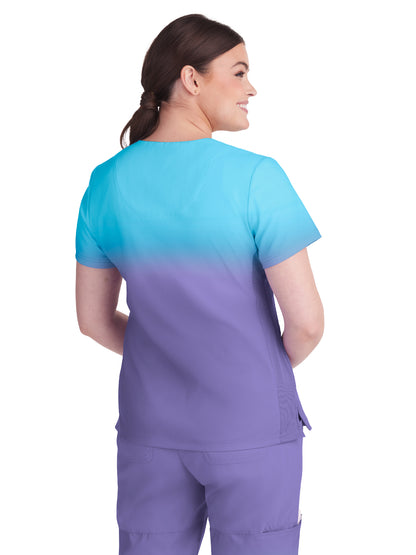 Women's 2-Pocket V-Neck Ombre Print Reclaim Scrub Top - 1088PLM - French Lavender Blue