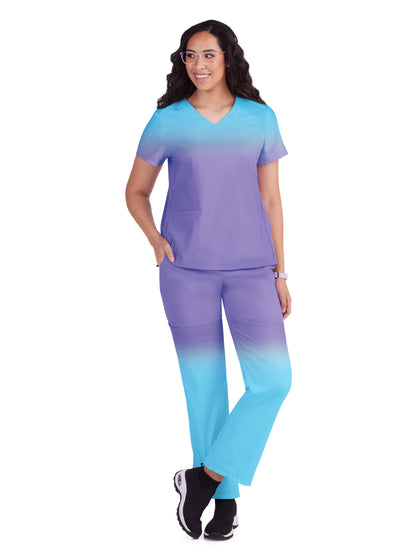 Women's 2-Pocket V-Neck Ombre Print Reclaim Scrub Top - 1088PLM - French Lavender Blue