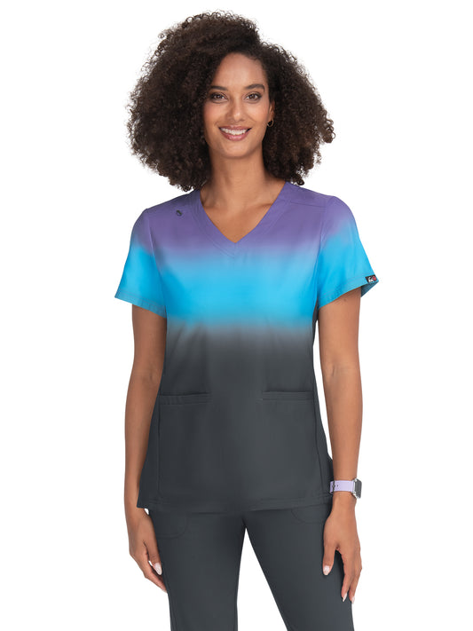 Women's 2-Pocket V-Neck Ombre Print Reclaim Scrub Top - 1088PLM - Wisteria/Electric Blue/Charcoal Ombre