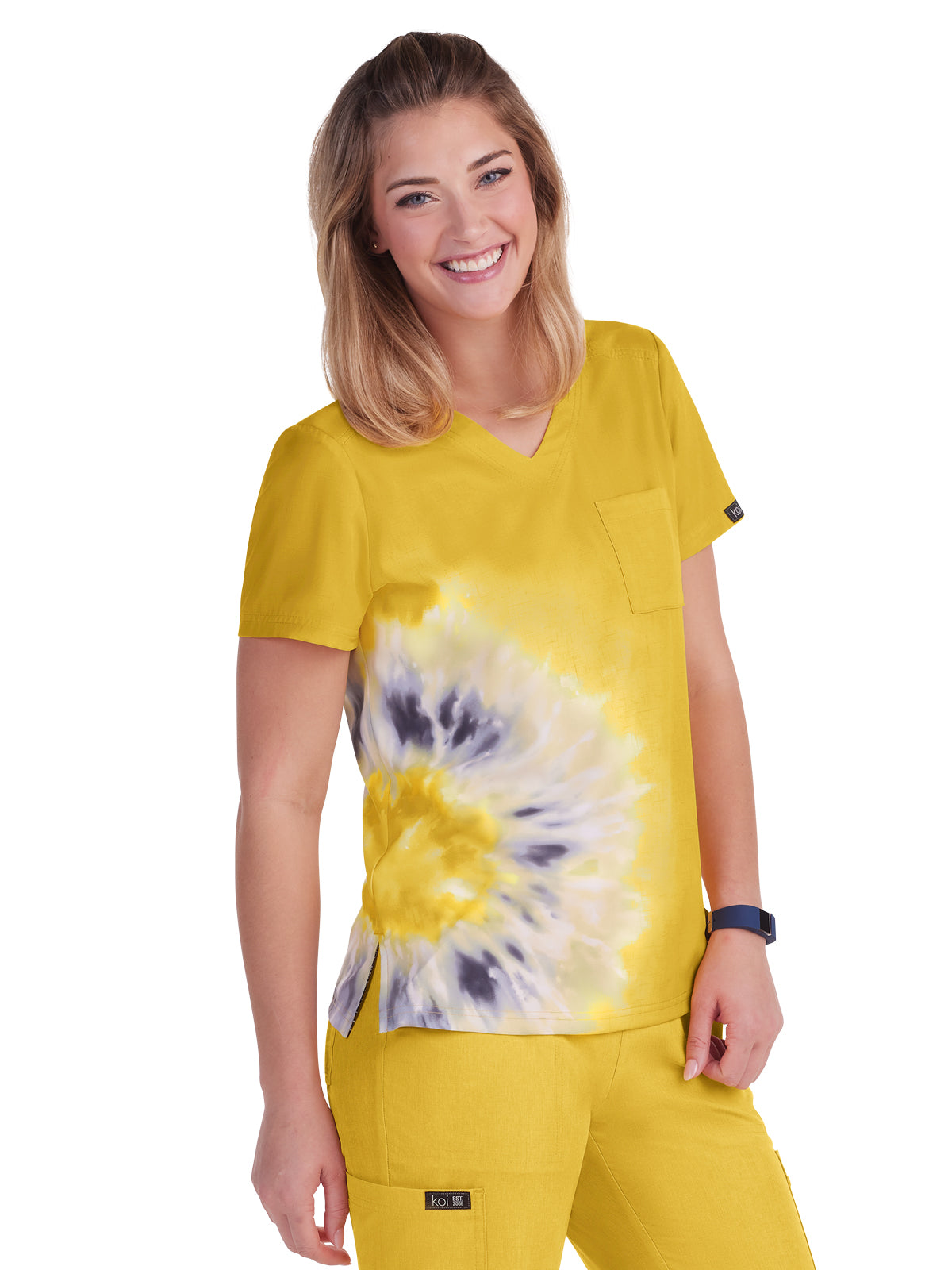 Women's Tie Dye V-Neck Stretch Lani Scrub Top - 1114PLM - Heather Mango Splash