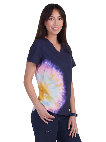 Women's Tie Dye V-Neck Stretch Lani Scrub Top - 1114PLM - Tie Dye Splash