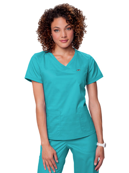 Women's 3-Pocket Soft Rib Trim V-Neck Nicole Scrub Top - 247 - Turquoise (Bright Teal)